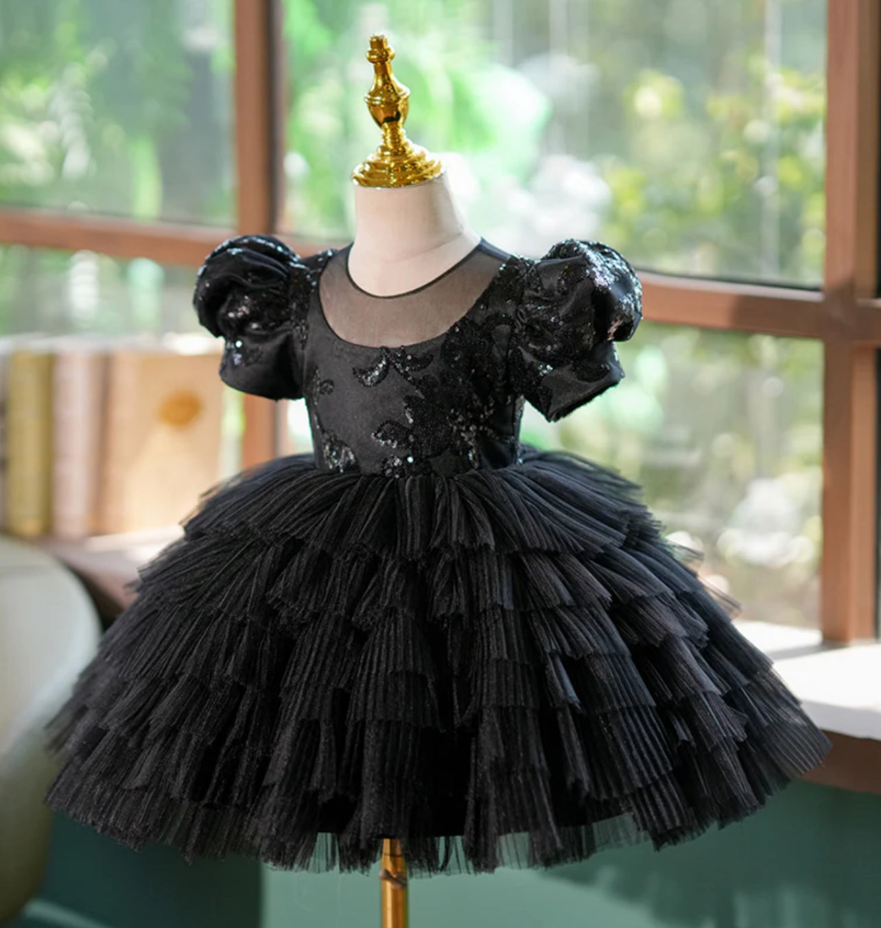 Black Ruffled Tulle TutuBanks Dress with Puff Sleeves