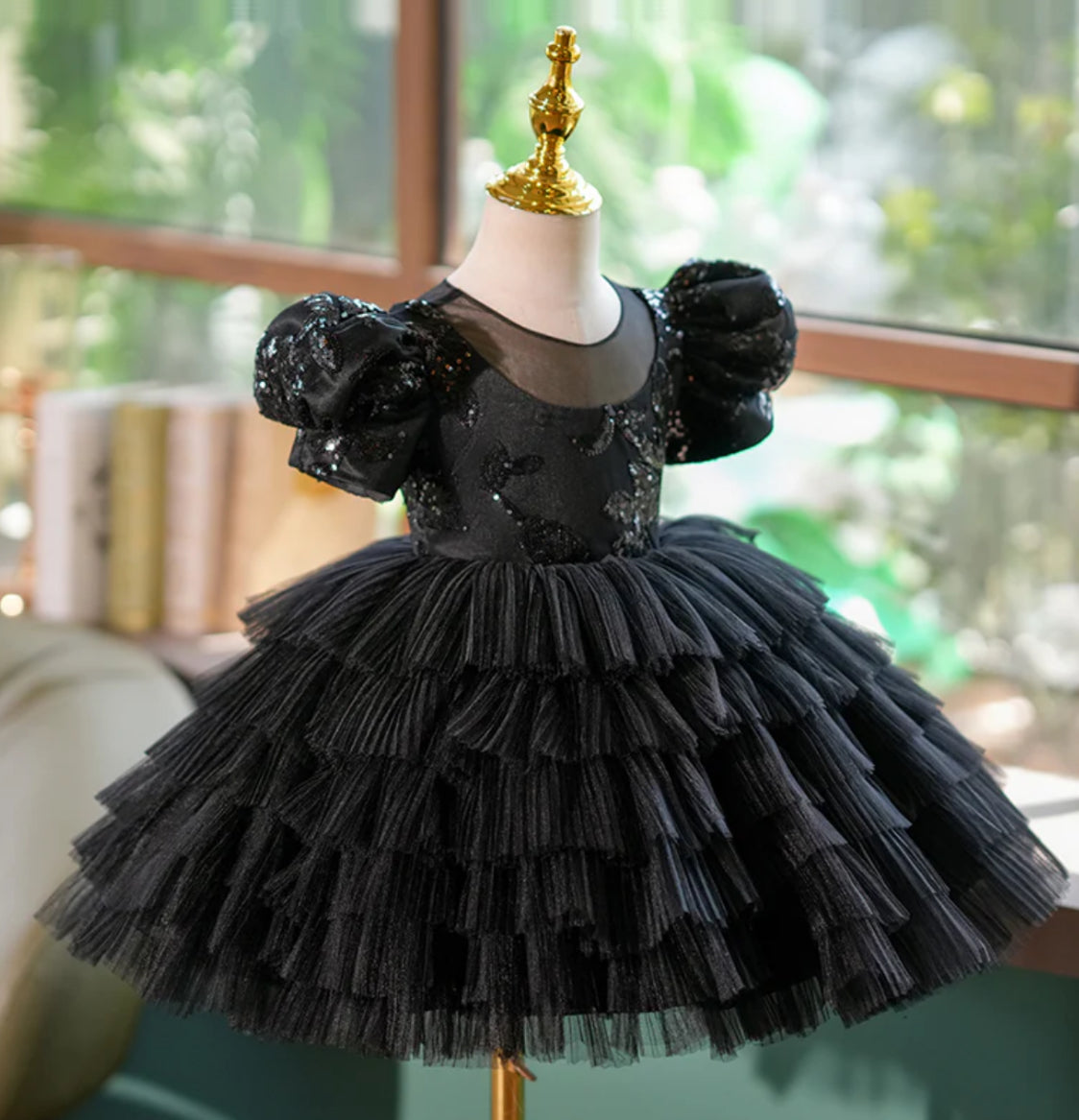 Black Ruffled Tulle TutuBanks Dress with Puff Sleeves