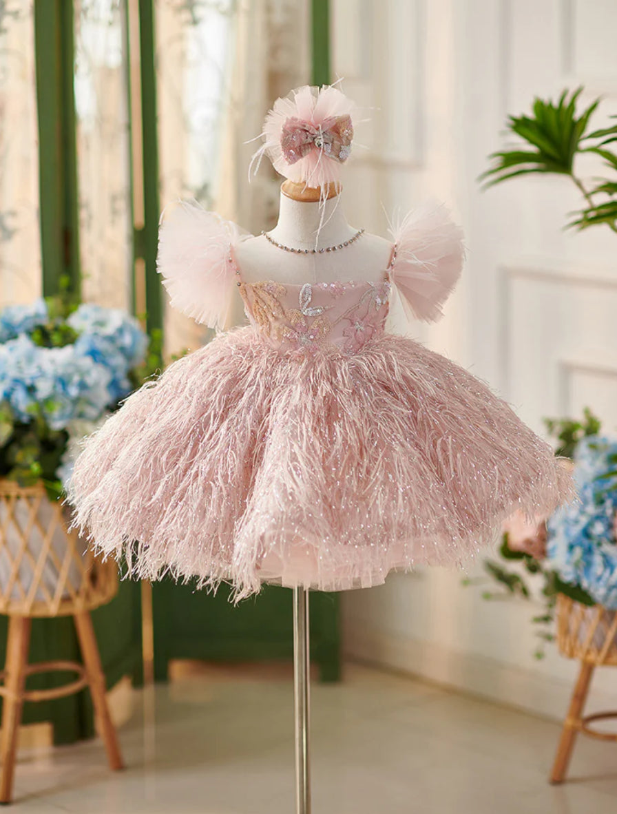 Pink Feathered Tulle TutuBanks Dress with Headband