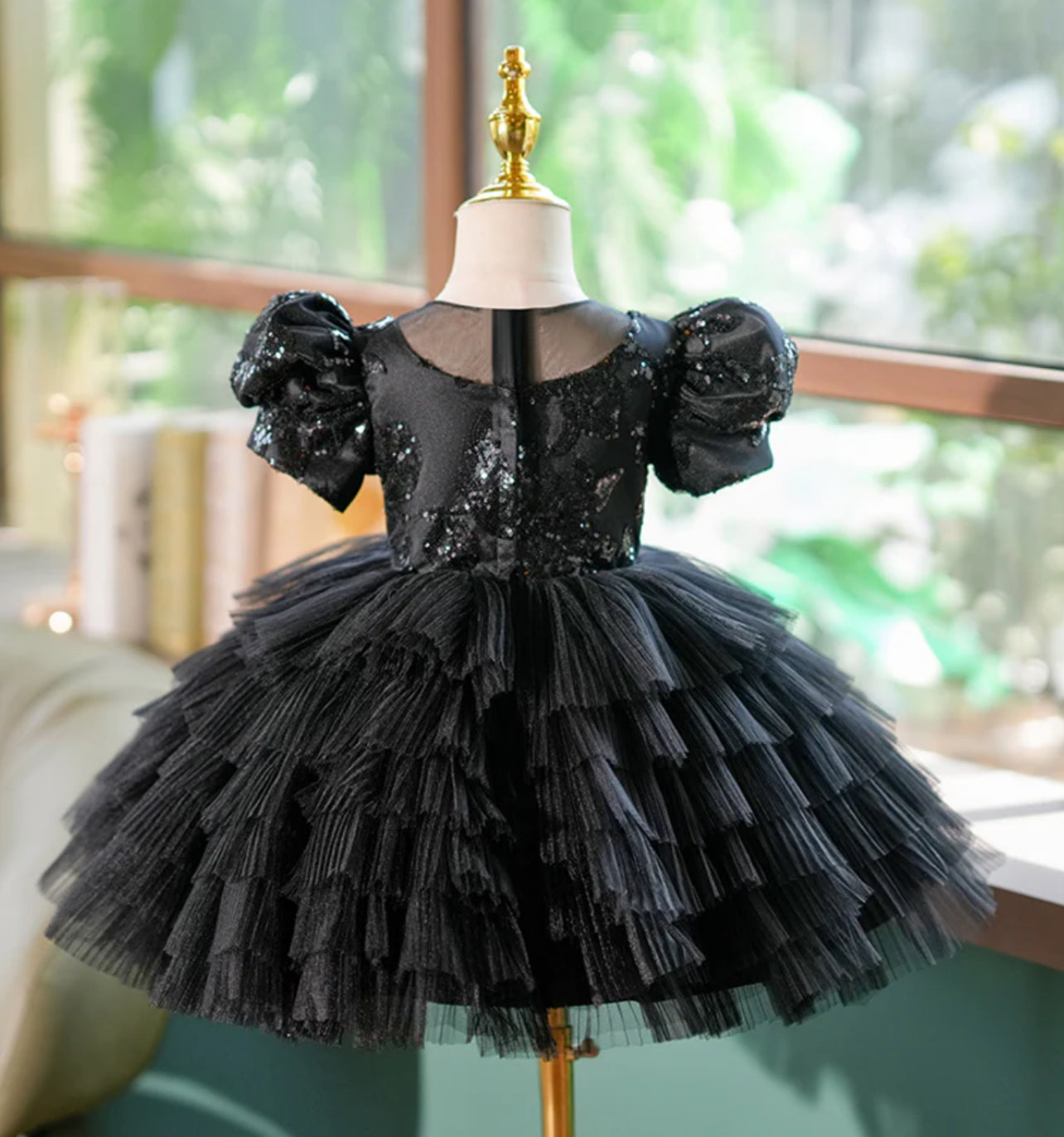 Black Ruffled Tulle TutuBanks Dress with Puff Sleeves