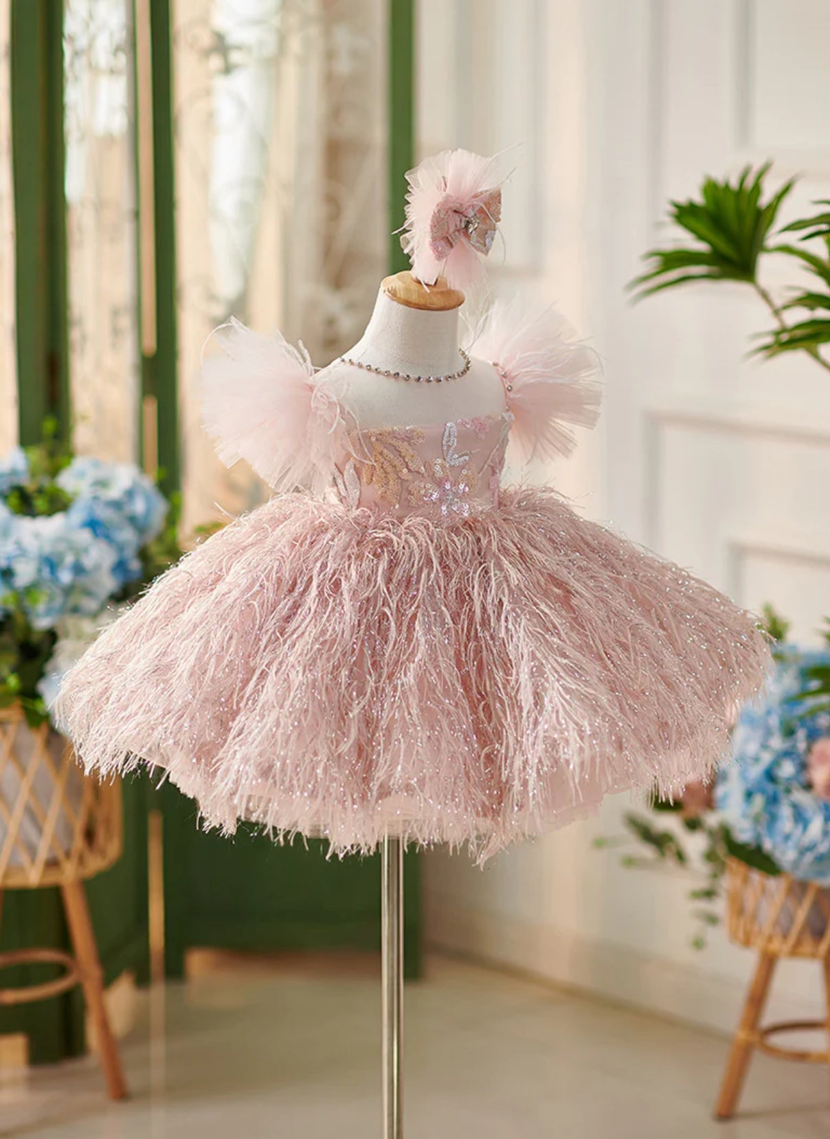 Pink Feathered Tulle TutuBanks Dress with Headband