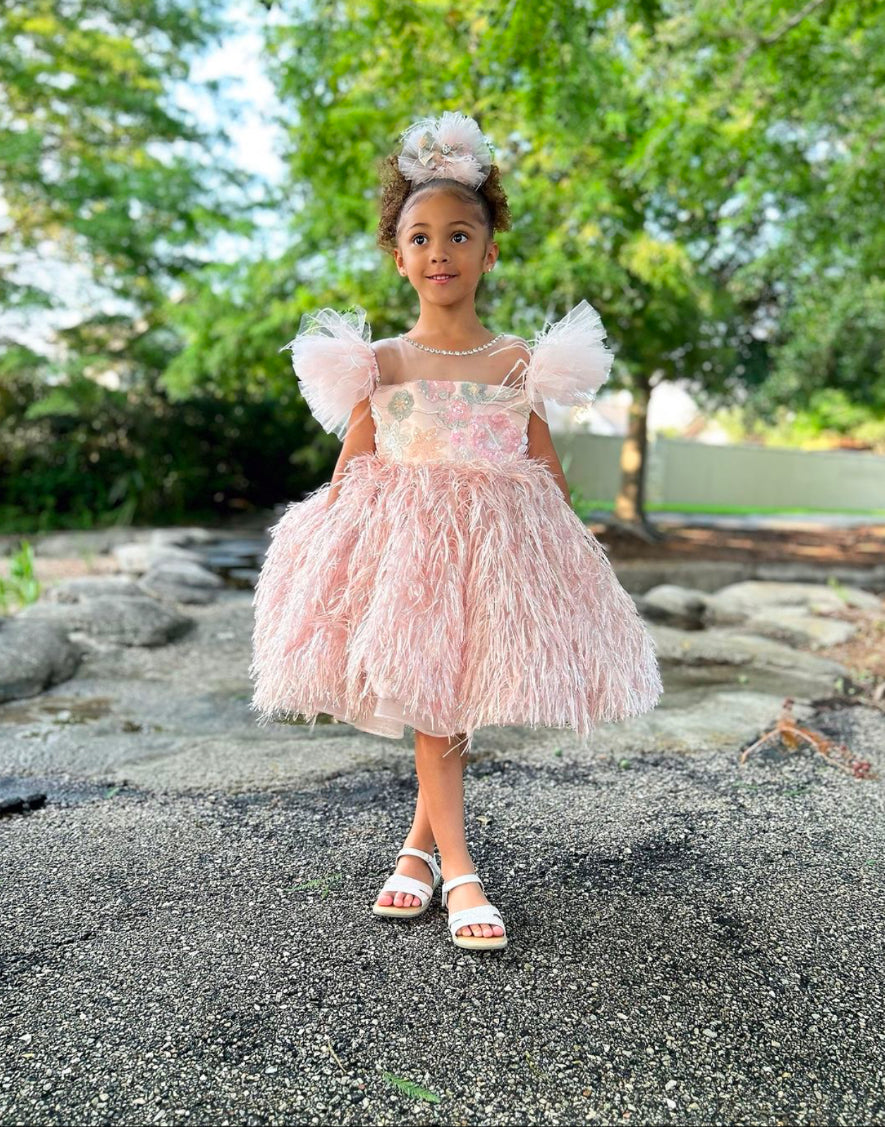 Pink Feathered Tulle TutuBanks Dress with Headband