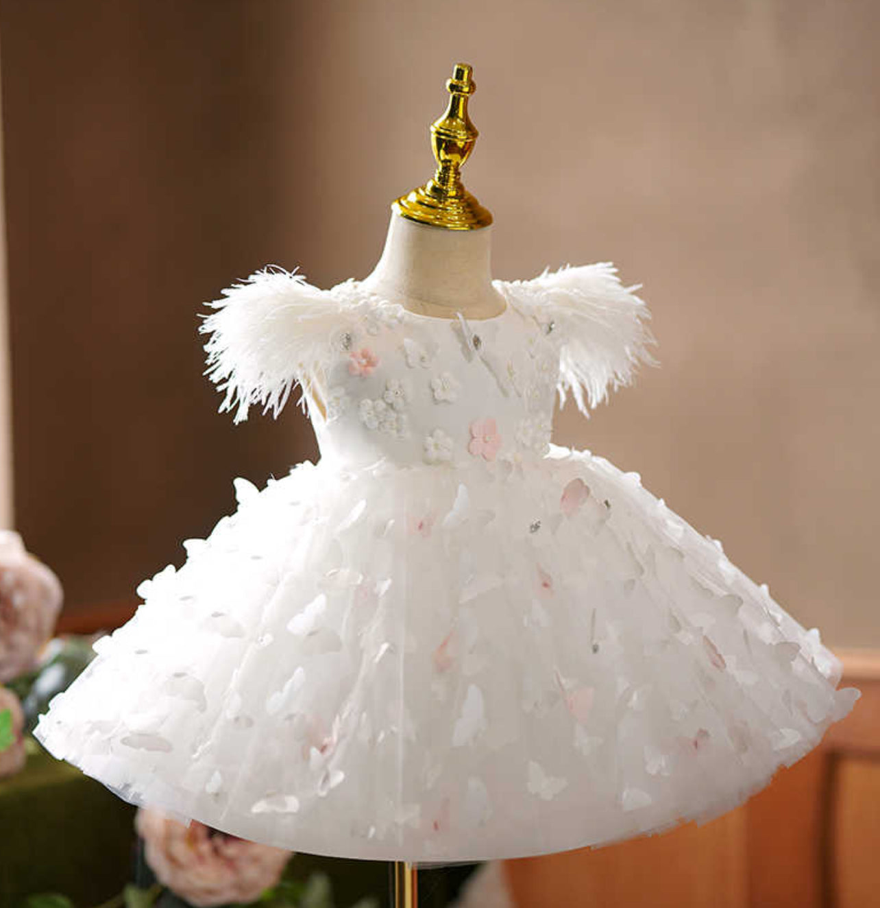 White Floral TutuBanks Dress with Feathered Sleeves