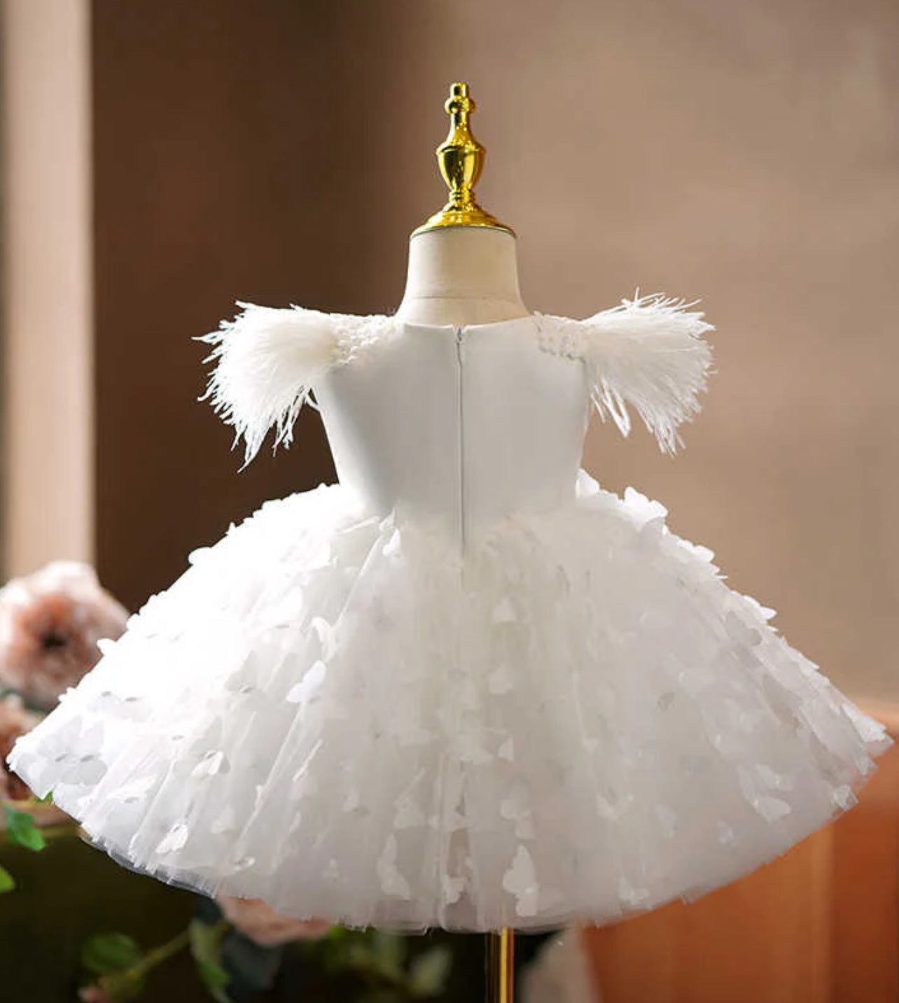 White Floral TutuBanks Dress with Feathered Sleeves